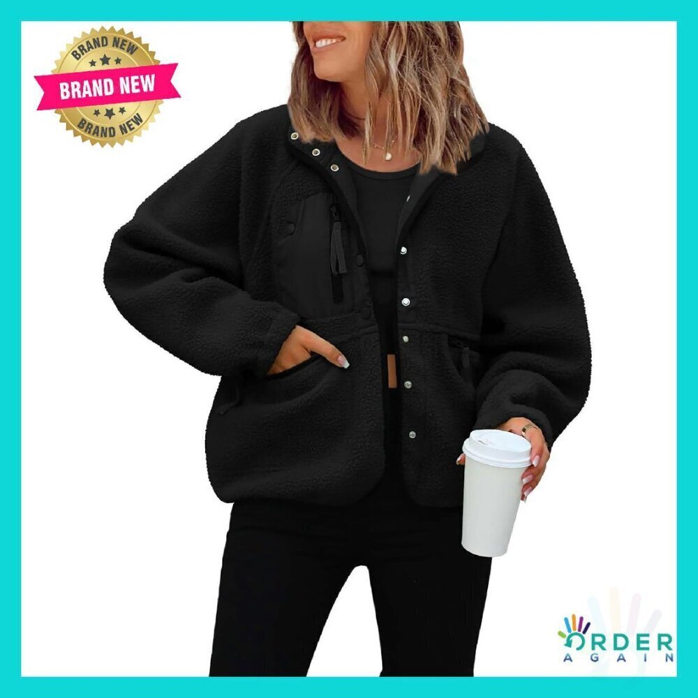 Cropped Sherpa Jacket Oversized Fuzzy Fleece Lapel Button Winter Coats